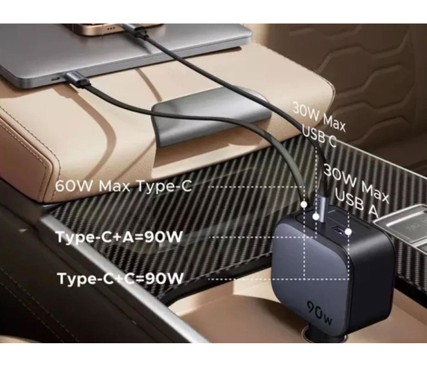UGREEN Ładowarka samochodowa EC603USB-C + USB90W z kablem szara 6941876271399 - 1416999 - zdjęcie 2